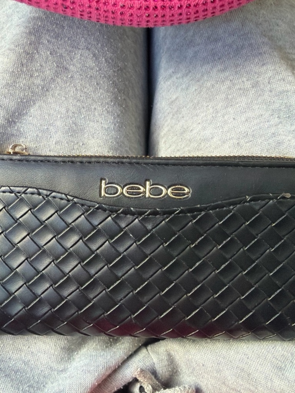bebe Black Woven Leather Wristlet Clutch with Gold Logo